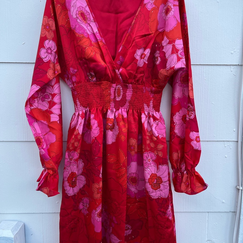 Trina Turk Red and Pink Floral Long Sleeve Dress